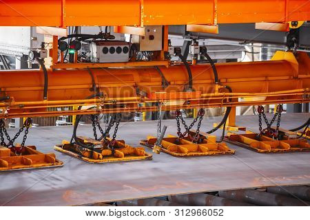Overhead Crane With Vacuum Handling Grippers, Close Up.