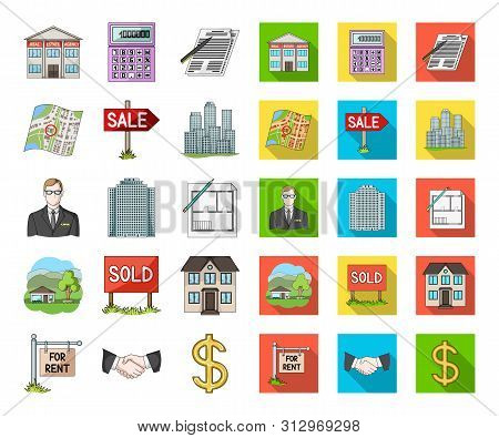 Realtor, Agency Cartoon, Flat Icons In Set Collection For Design. Buying And Selling Real Estate Bit