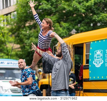Sheffield, Uk - 20th July 2019: Street Performers At Tramlines 2019 Perform Live Shows For The Crowd