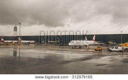 Vienna, Austria - July 12, 2019: Flughafen Wien-schwechat Or Vienna Airport From The Board Of A Newl