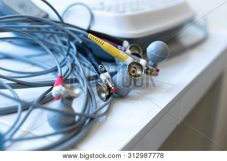 Close-up Electrodes Of A Medical Electrocardiograph For Ecg Removal.