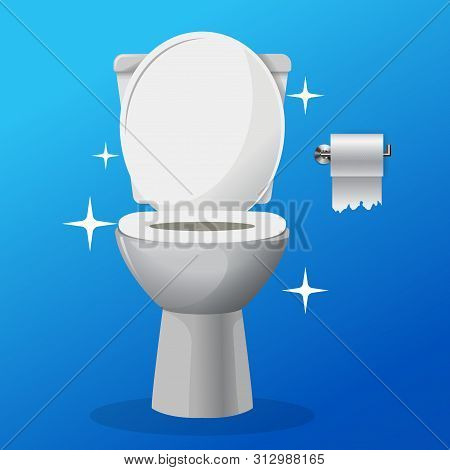 White Ceramics Vector Clean Toilet Bowl Icon With A Tolet Paper On A Hangaer. Modern Toilet In Flat 