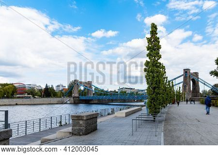 Wroclaw, Poland - May 3 2020: Cityscape Of Path And Odra River Near Grunwaldzki Bridge