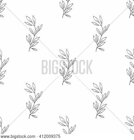 Botanical Seamless Pattern. Hand Drawn Doodle Branches With Leaves. Vector Background.