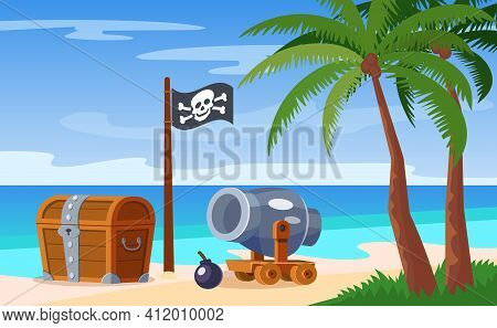 Uninhabited Adventure Island With Pirate Wooden Treasure Chest, Pirate Flag And Cannon. Palm Trees A