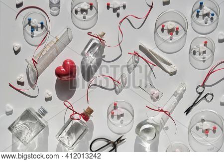 Chemistry Of Love. Creative Flat Lay, Top View With Chemical Glassware, Petri Dishes, Love Molecules