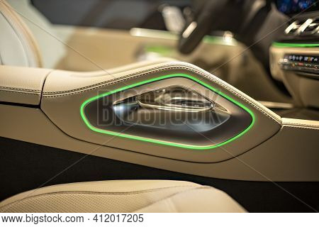 Moscow, Russia - December 24, 2019: Close-up Of Premium Led Ambiant Light Green Empty Interior Of Pr