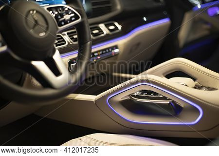 Moscow, Russia - December 24, 2019: Empty Interior Of Driver's Seat With Steering Wheel Of Light Lea