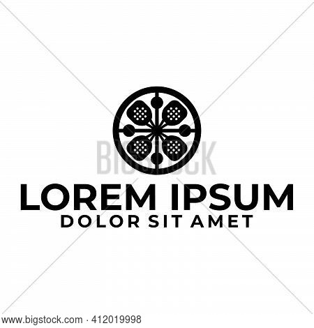 Padel Tennis Racket Logo Template With Geometric Japanese Kamon Illustration In Flat Design Monogram