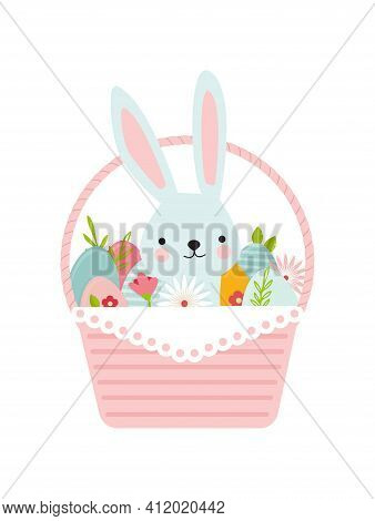 Happy Easter. Greeting Card Or A Posters With Easter Basket, Bunny, Spring Flowers And Easter Egg. E