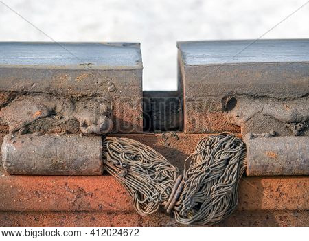 Splice Bar (joint Bar Or Fishplate) Of Railroad For Join The Ends Of Two Rails Together. Close-up