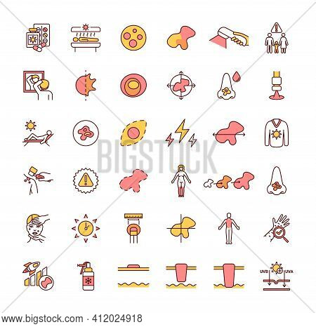 Skin Cancer Rgb Color Icons Set. Cancerous Cells Development. Sunburn. Moles Checking. Gene Mutation