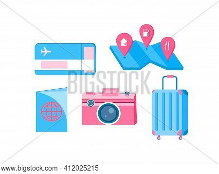 Tourist Items Vector Illustration Isolated On White Background. Camera, Air Ticket, Suite Case, Map,