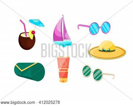 Summer Items Vector Illustration Isolated On White Background. Sunglasses, Female Hat, Towel, Tropic