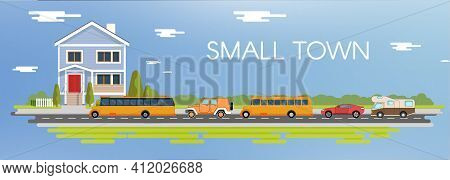 Flat City Vector Illustration Set. Blue House On Coutryside Illustration. Camping Van With Bus And S