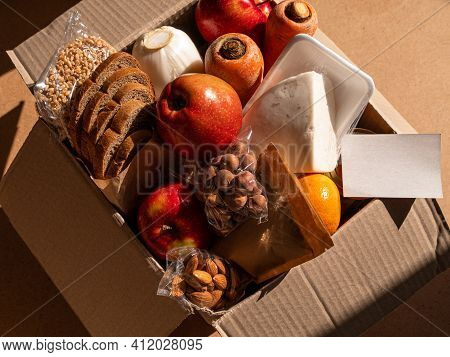 Healthy Food Delivery Flat Lay Harsh Shadows. Take Away Natural Organic Products.donation Box New No