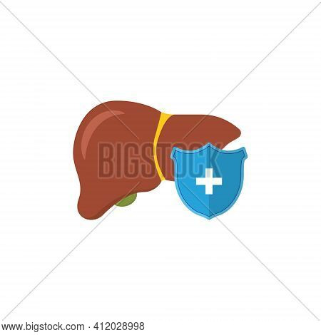 Human Liver Under Protection. Blue Shield And Healthy Liver In Cartoon Style. Vector Illustration