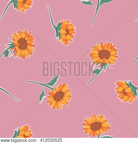 Vector Sunflowers On Dusty Pink Seamless Pattern Background. Perfect For Fabric, Scrapbooking And Wa