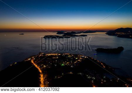 Aerial Drone Shot Of Post Sunset Over Adriatic Sea View From Babin Kuk Hill In Dubrovnik Croatia Sum
