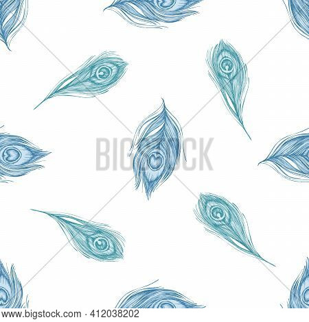 Seamless Pattern With Hand Drawn Pastel Peacock Feathers Stock Illustration