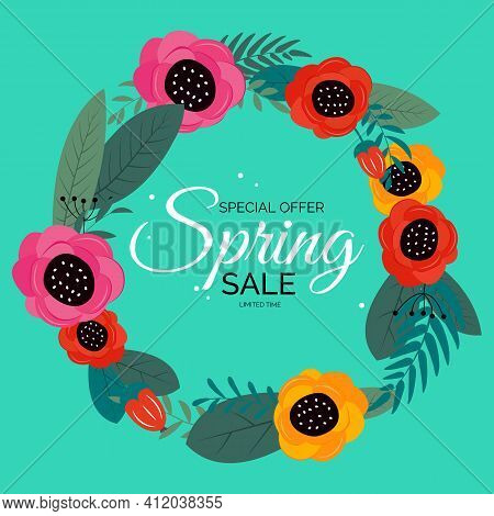 Spring Sale Natura Bluel Flower Background. Vector Illustration