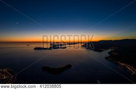 Aerial Drone Shot Of Post Sunset Over Adriatic Sea View From Babin Kuk Hill In Dubrovnik Croatia Sum