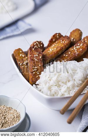 Fried Teriyaki Tempeh, Tempe, Fermented Postbiotics Food From Soybeans