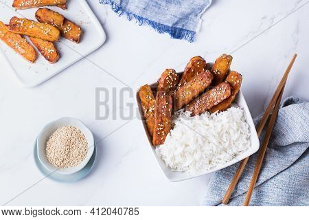 Fried Teriyaki Tempeh, Tempe, Fermented Postbiotics Food From Soybeans