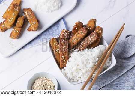 Fried Teriyaki Tempeh, Tempe, Fermented Postbiotics Food From Soybeans