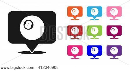 Black Map Pointer With Billiard Pool Snooker Ball With Number 8 Icon Isolated On White Background. S