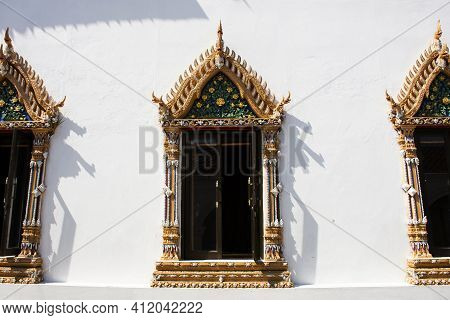 Window Ordination Hall Of Wat Paramaiyikawat Worawihan Or Mon Ancient Buddhist Temple On Koh Kret Is