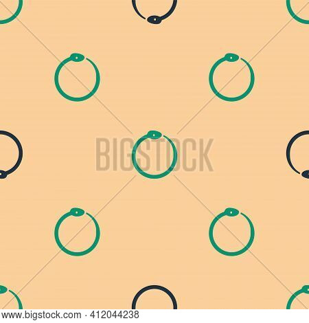 Green And Black Magic Symbol Of Ouroboros Icon Isolated Seamless Pattern On Beige Background. Snake 