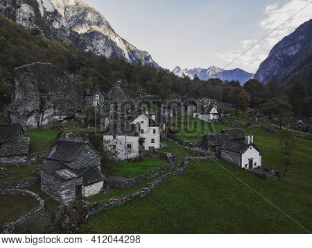 Aerial Panorama View Of Traditional Old Historic Stone Rock Houses Buildings In Sabbione Village Ham