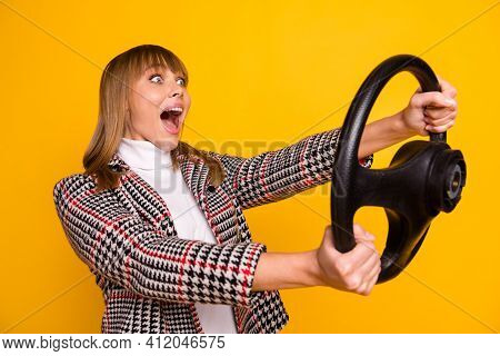 Photo Of Astonished Positive Girl Open Mouth Look Empty Space Unexpected Isolated On Yellow Color Ba