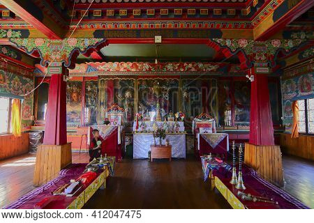 Rinchenpong, Sikkim, India - 17th October 2016 : One Young Boy Lama Standing Inside Prayer Room At R