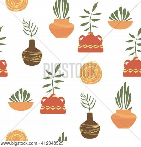 Seamless Pattern Floral. Vase And Plants In Terra Cotta Colors. Boho Vector For Home Decor ,textile,