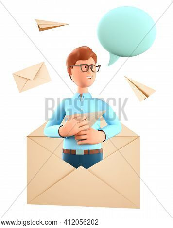 3d Illustration Of Cartoon Man With Blank Speech Bubble In A Huge Postal Envelope. Flying Paper Airp