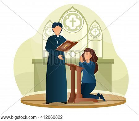 Female Character Is Standing On Her Knees And Making A Confession To Priest. Male Priest Is Standing