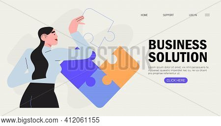 Businesswoman Assembling Together Jigsaw Puzzle Pieces. Concept Of Brainstorming, Project Planning A