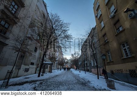 Belgrade, Serbia - January 27, 2019: Skadarlija Street (also Known As Skadarska) In Winter Under The