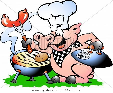 Kreslené vektorové ilustrace šéfkuchař prasete stojící a dělat Bbq