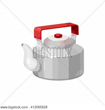 Retro Tea Pot With Red Handle Isolated Kettle With Hot Drink. Vector Teapot With Cap, Tea-kettle Of 