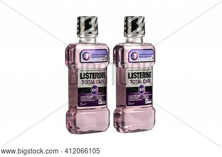 Moscow, Russia - March 01, 2021: Listerine Total Care 6 In 1 Two Plastic Bottles Of Oral Protection 