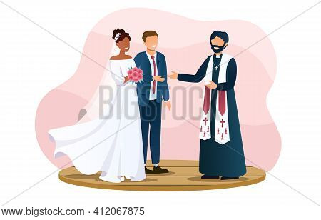 Cute Wedding Couple And The Priest Are Standing Outdoors. Two Lovers Are About To Get Married. Smili