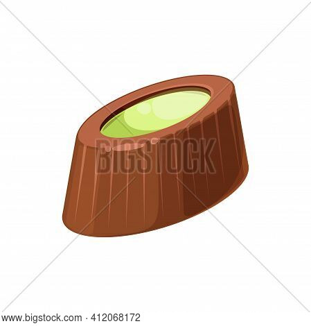 Oval Candy With Green Jelly And Ganache Isolated Sweet Treat. Vector Chocolate With Cream Filling, R