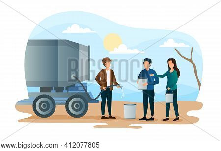 Male And Female Characters Are Standing In Line To Get Water From The Tank. Concep Of Water Scarcity
