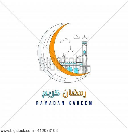 White Mosque On The Moon Vector Illustration. Line Art Design Of Mosque And Moon. Ramadan Kareem Des