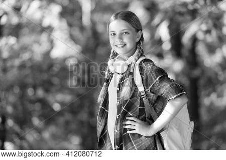 Wanderlust Gene Is A Real Thing. Happy Child Carry Backpack Natural Outdoors. Traveling And Wanderlu