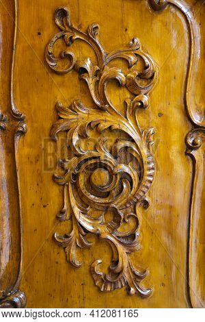 Close-up Of Vintage Wooden Hand-carved Door In Prague, Czech Republic