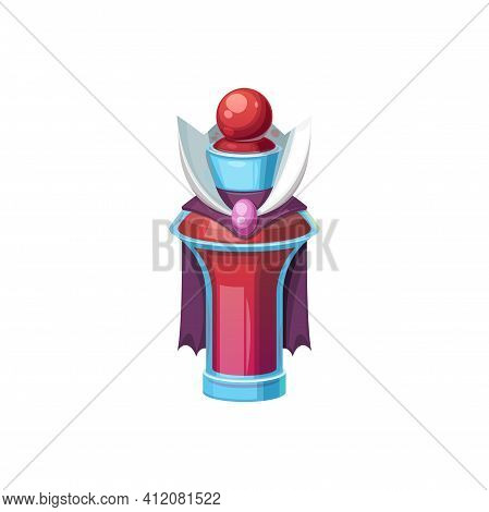 Witchcraft Elixir In Bottle With Purple Cloak Isolated. Vector Magic Sorcery Mixture, Halloween Symb